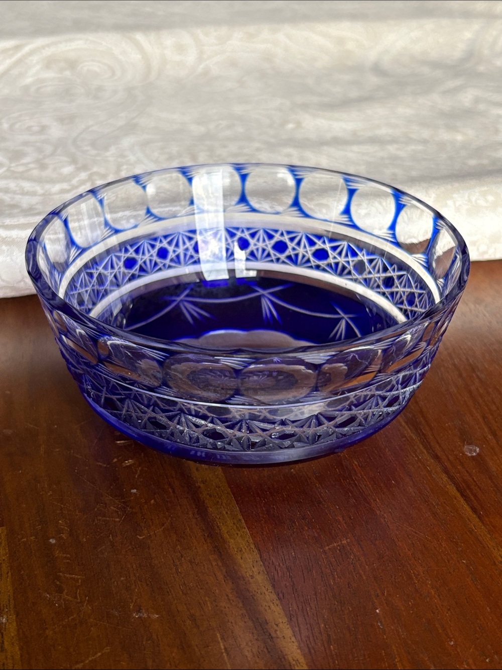 Vintage Bohemian Cobalt Blue Cut to Clear Crystal Bowl - Starburst & Thumbprint